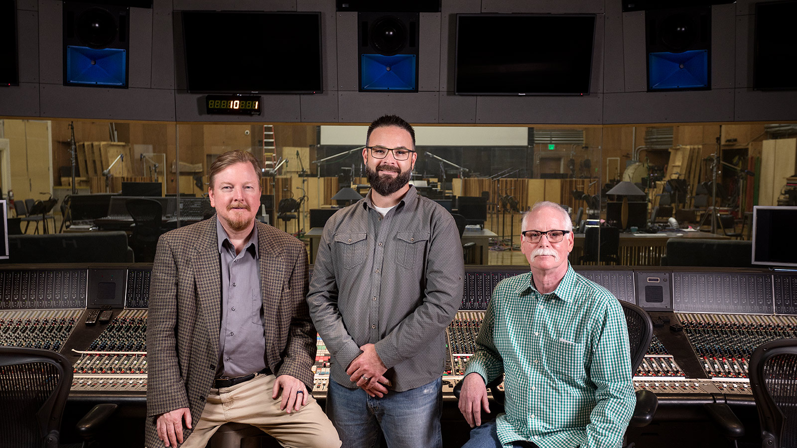 (L-R) Erin Michael Rettig, Newman Scoring Stage Supervising Engineer; Miles Rogers, Meyer Sound Business Development Manager, Cinema and Content Creation Markets; Marc Gebauer, Newman Scoring Stage Chief Engineer