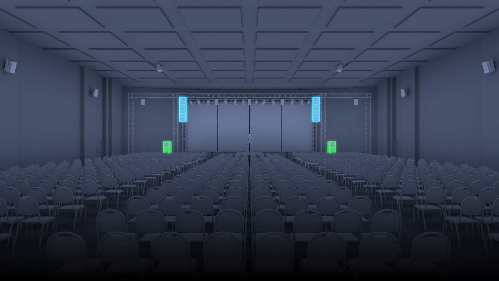 An auditorium with a stereo set up