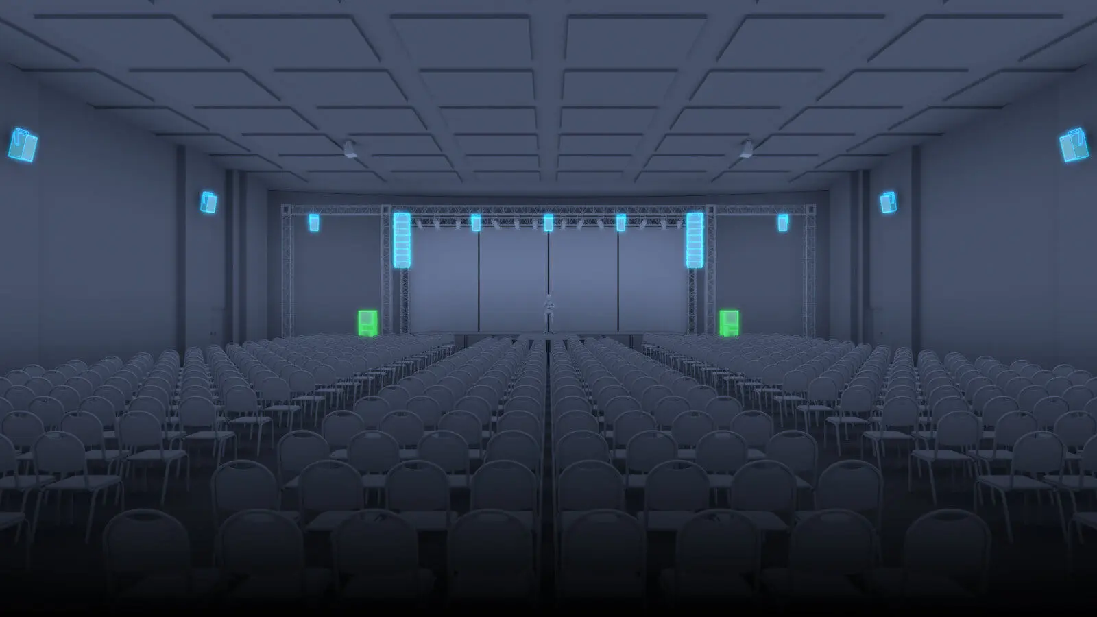 An auditorium with a surround sound set up
