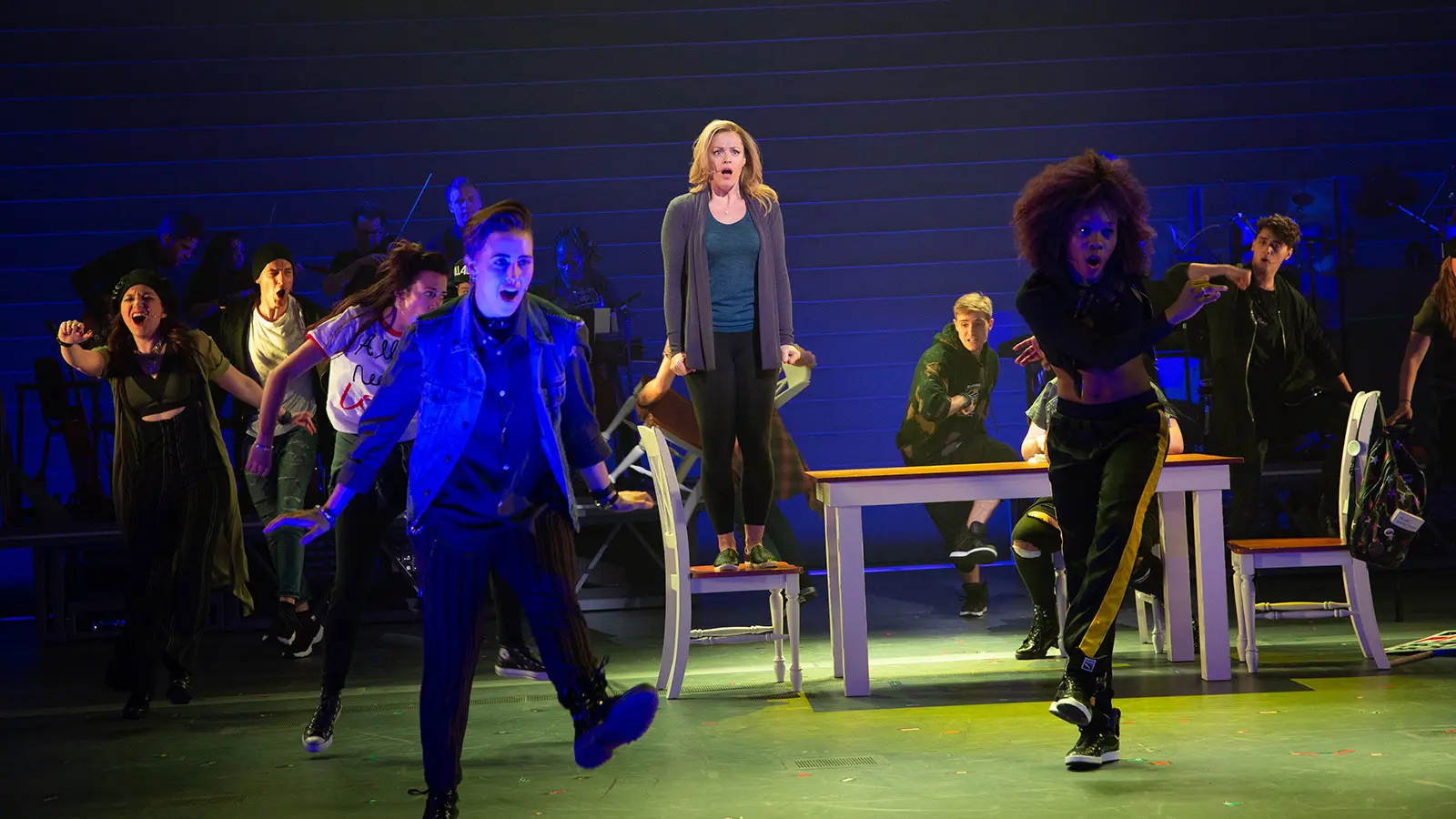 Elizabeth Stanley as Mary Jane Healy and The Chorus of American Repertory Theater's Jagged Little Pill