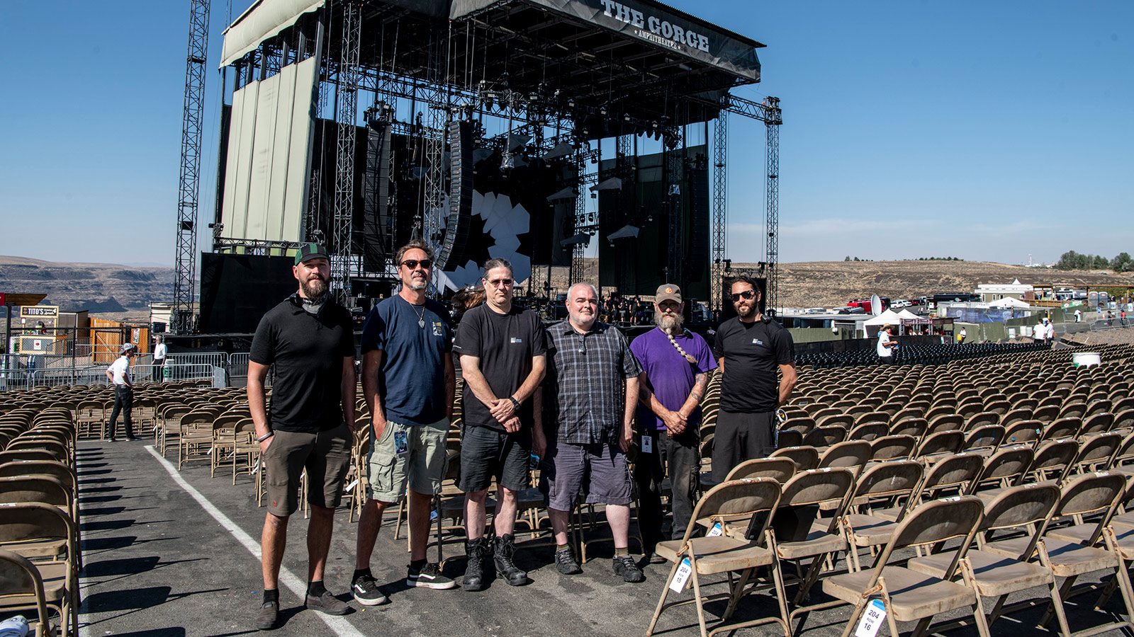 Dave Matthews Band and UltraSound Crew at The Gorge (L-R): Michal Kacunel, Systems Engineer; Joe Lawlor, Recording Tech; Greg Botimer, Monitor Tech; Ian Kuhn, Monitor Engineer; Lonnie Quinn, Monitor System Engineer; Sam Brodsky, PA Tech