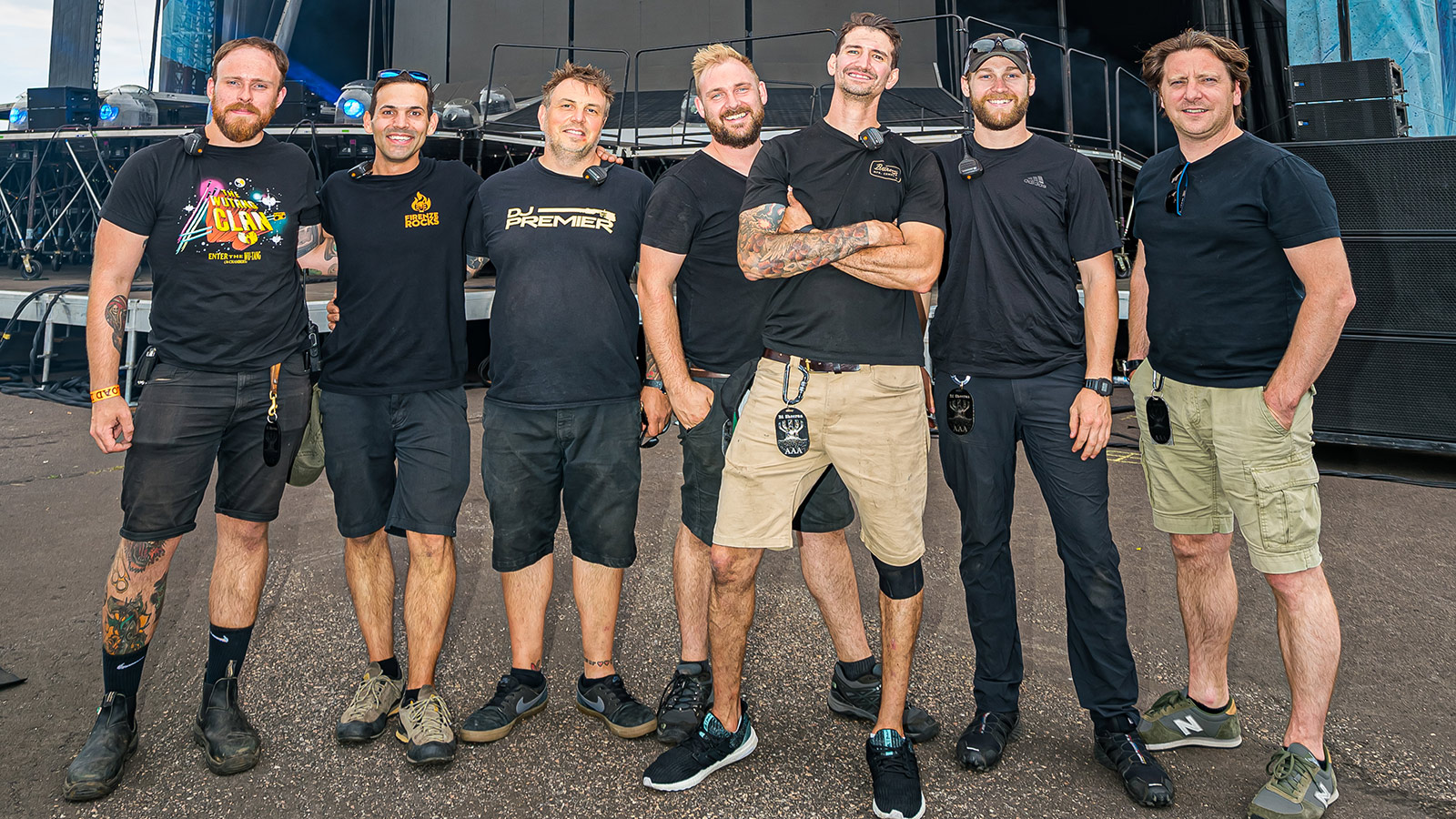 (L to R) Colin Dodds, PA Tech; Charlie Albin, Audio Systems Engineer; David Poynter, PA Tech; Dave White, Chewie Tech; Adam Wells, PA Tech; Parker Vandenberg, PA Tech; Chris Marsh, Production Manager & FOH Engineer