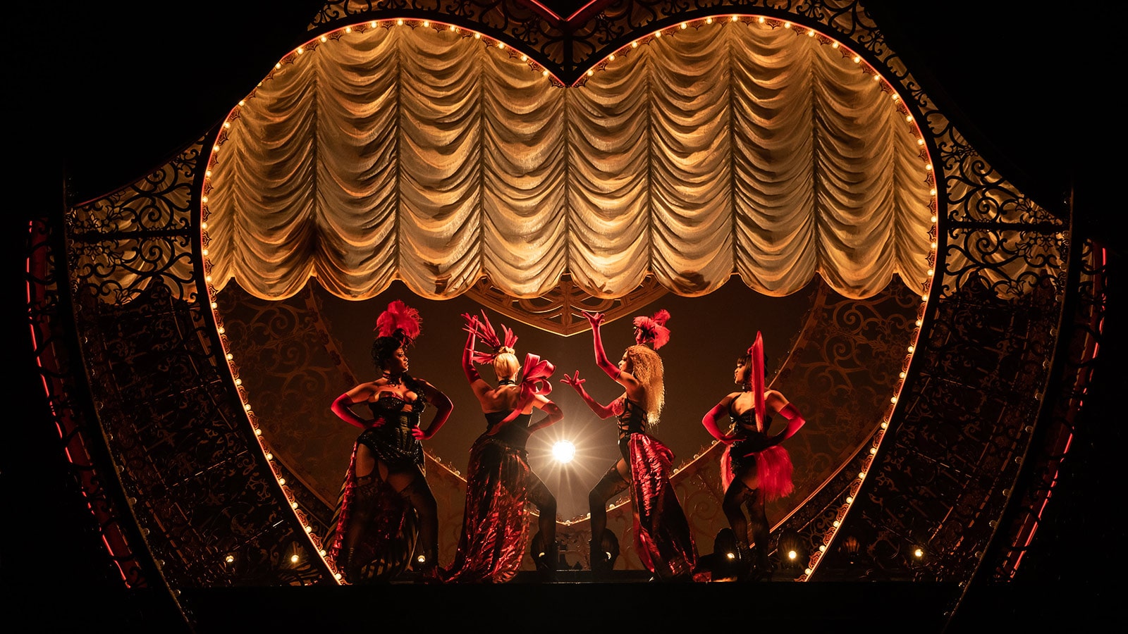 (L-R) Jacqueline B. Arnold as La Chocolat, Robyn Hurder as Nini, Holly James as Arabia and Jeigh Madjus as Baby Doll in <em>Moulin Rouge! The Musical</em>