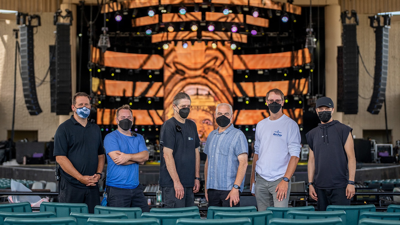 (L-R) Paul White, PA Tech; Jeremy Miller, System Engineer; Greg Botimer, RF Coordinator/Monitor Tech; Ian Kuhn, Monitor Engineer; Tom Lyon, FOH Engineer; and Josh Horn, Assistant Stage Tech and Sirius/XM Technician 