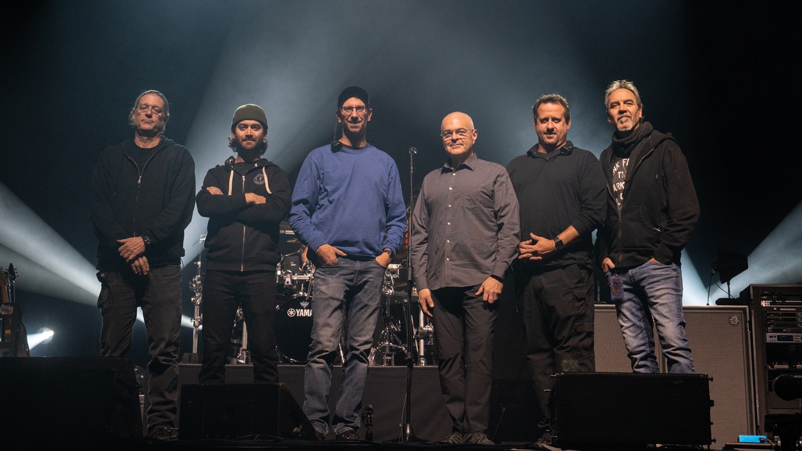 (L-R) Greg Botimer, Monitor and RF Technician; Ethan Chase, Stage Left PA Technician; Tom Lyon, FOH Engineer; Ian Kuhn, Monitor Engineer; Paul “Pablo” White, System Engineer and Stage Right PA Technician; Joe Lawlor, Archival Recording Engineer