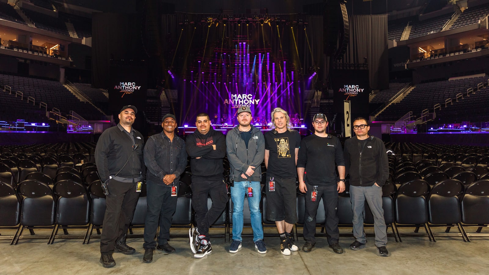 (L-R): Andres Albornoz, Marc Anthony Production Manager; Jose A. Rivera Jr., Marc Anthony FOH engineer; Jimmy Ibañez, Marc Anthony Monitor Engineer; Eric Swanson, UltraSound Assistant Monitor Engineer; Sean McAdam, UltraSound PA Tech; David Williams, UltraSound Systems Tech; Jorge Solorzano, Marc Anthony Stage Manager/Audio Tech