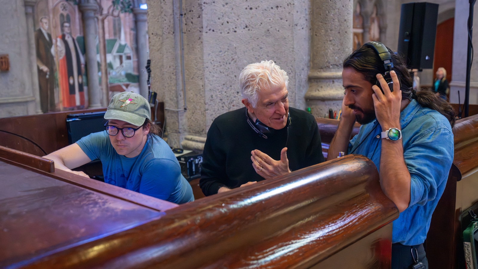 L-R: Grace Cathedral Director of Audiovisual Services Lucy Broom, Sound Artist Bill Fontana, Meyer Sound Spatial & Digital Audio Specialist Leonard Blanche